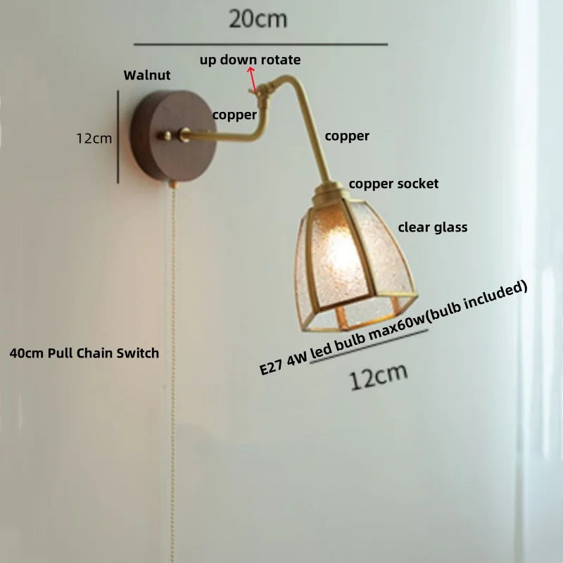 Afralia™ Clear Glass LED Wall Sconce Pull Chain Switch Rotate Arm Walnut Wood Stair Light
