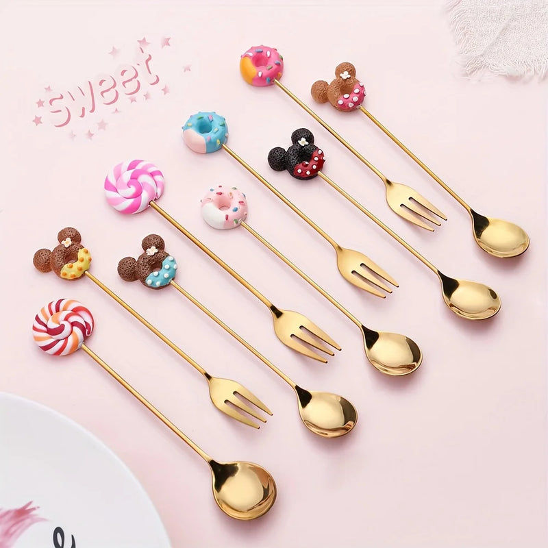 Afralia™ 4PCS Stainless Steel Creative Candy Donut Dessert Fork and Coffee Spoon Set