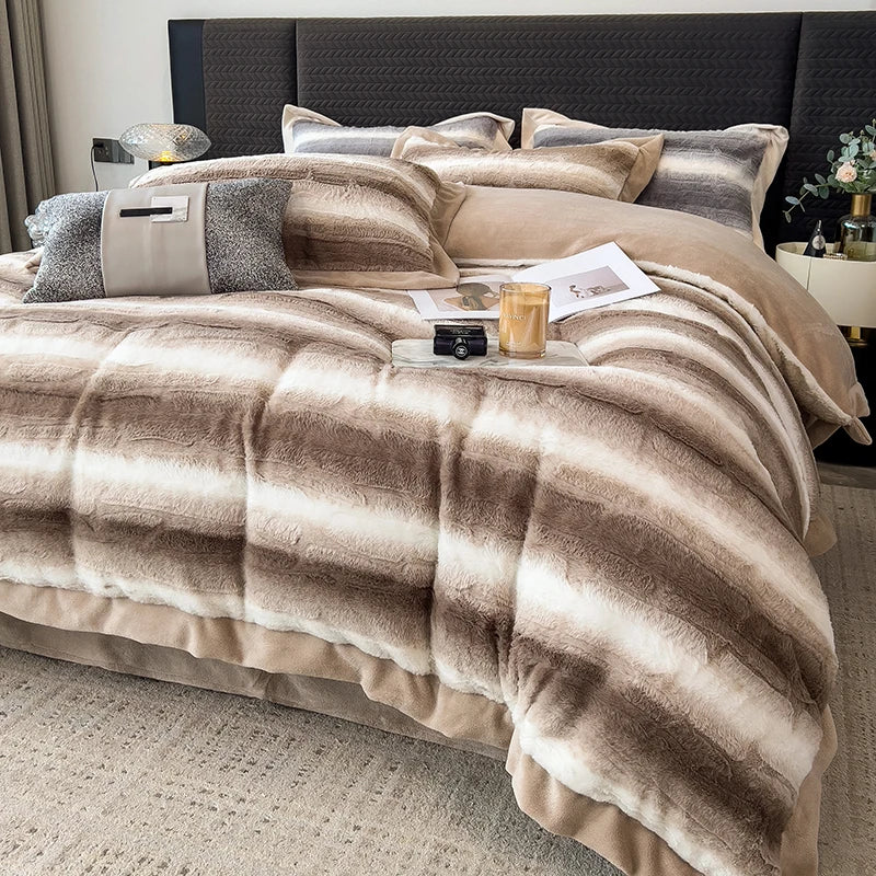 Afralia™ Cozy Faux Fur Bedding Set: Gradient Rabbit Fur Plush Cover Sheet Pillowcases