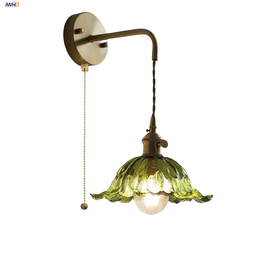 Afralia™ Glass & Copper Green Flower LED Wall Sconce with Pull Chain