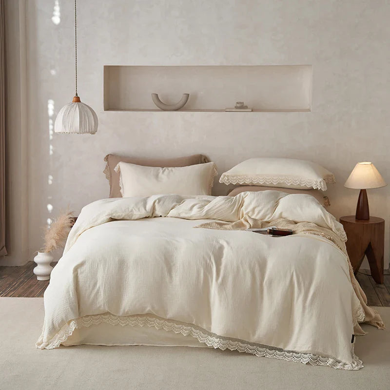 Afralia™ Vintage Lace Edge Cotton Bedding Set: Duvet, Sheets, Pillowcases