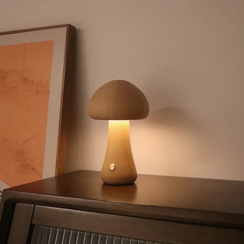 Afralia™ Wooden Mushroom Night Light Touch Lamp for Bedroom Kids Room