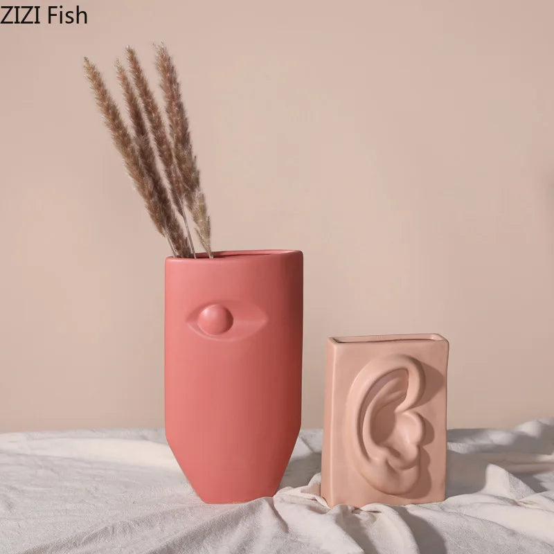 Afralia™ Ceramic Vase with Ear, Eyes, and Mouth Design for Table Decoration