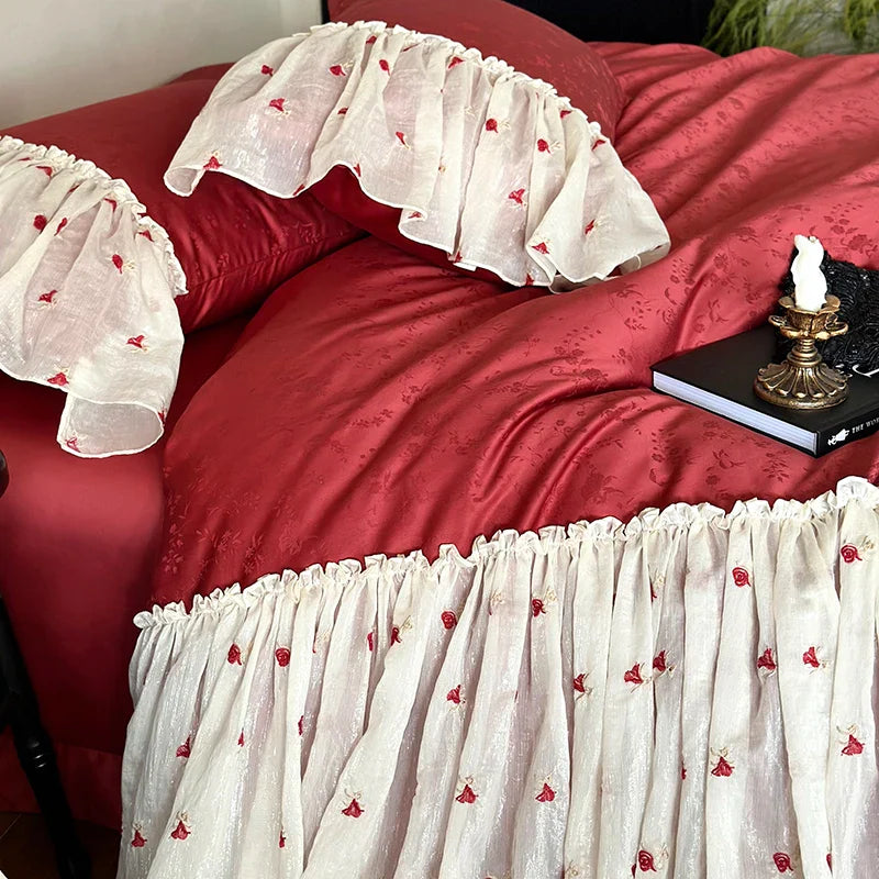 Afralia™ Egyptian Cotton Lace Ruffles Wedding Bedding Set 4-Piece Luxe Collection