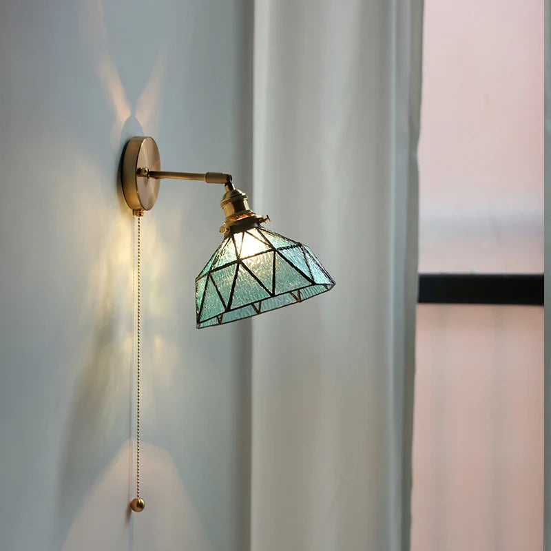 Afralia™ Tiffany Blue Glass LED Wall Sconce Rotate Copper Pull Chain Switch Light