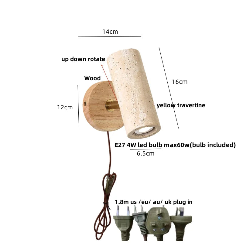 Afralia™ LED Wall Sconce Yellow Travertine Stone Wood Nordic Modern Rotate Bedside Lamp