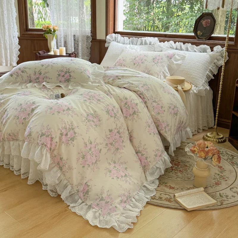 Afralia™ Floral Print Cotton Princess Bedding Set with Vintage Lace Details