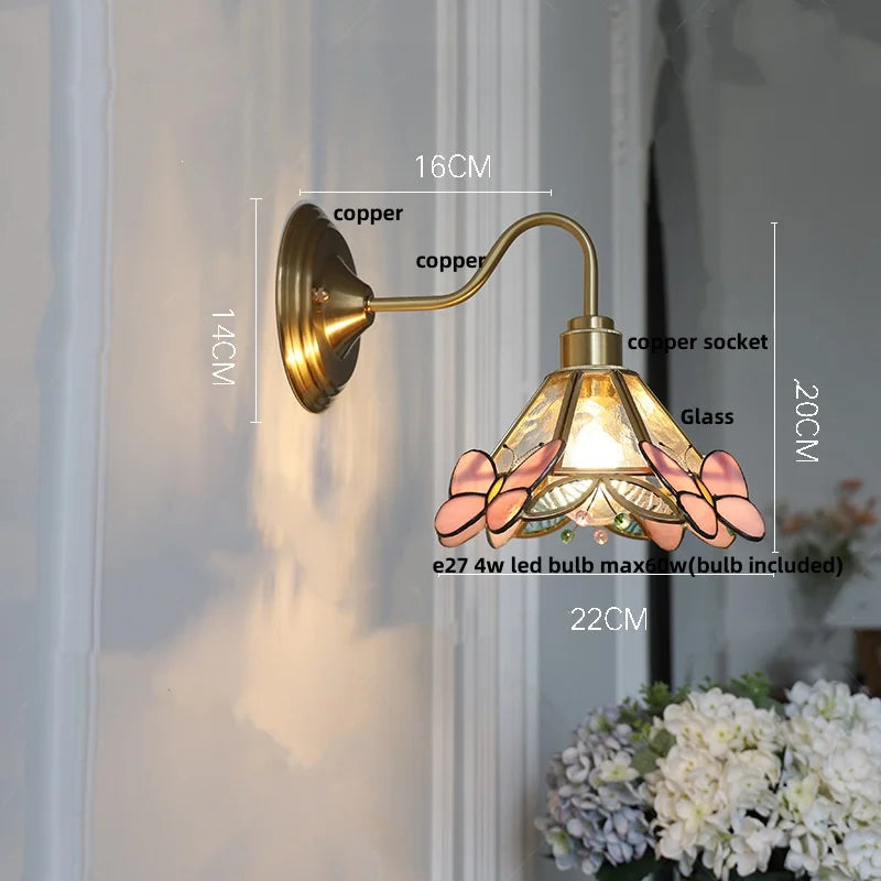 Afralia™ Pink Glass LED Wall Sconce Nordic Brass Fixture