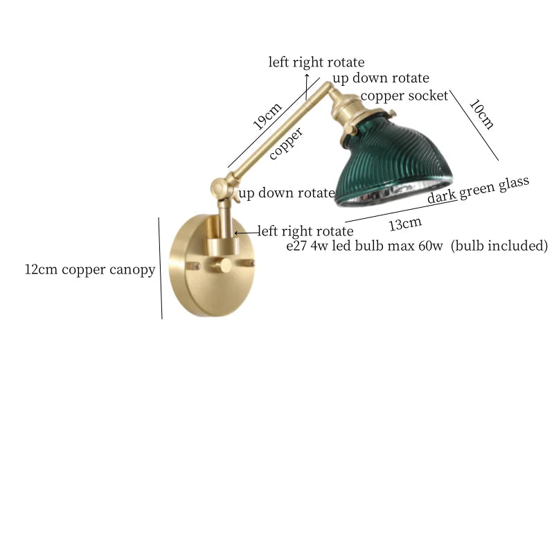 Afralia™ Vintage Brass Glass LED Wall Light with Pull Chain, Left Right Rotate Mirror Design