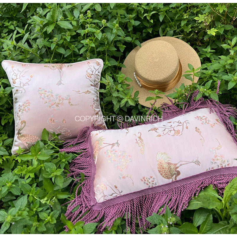 Afralia™ Antique Crane Floral Jacquard Luxury Lumbar Pillow Case Square Gold Stitch