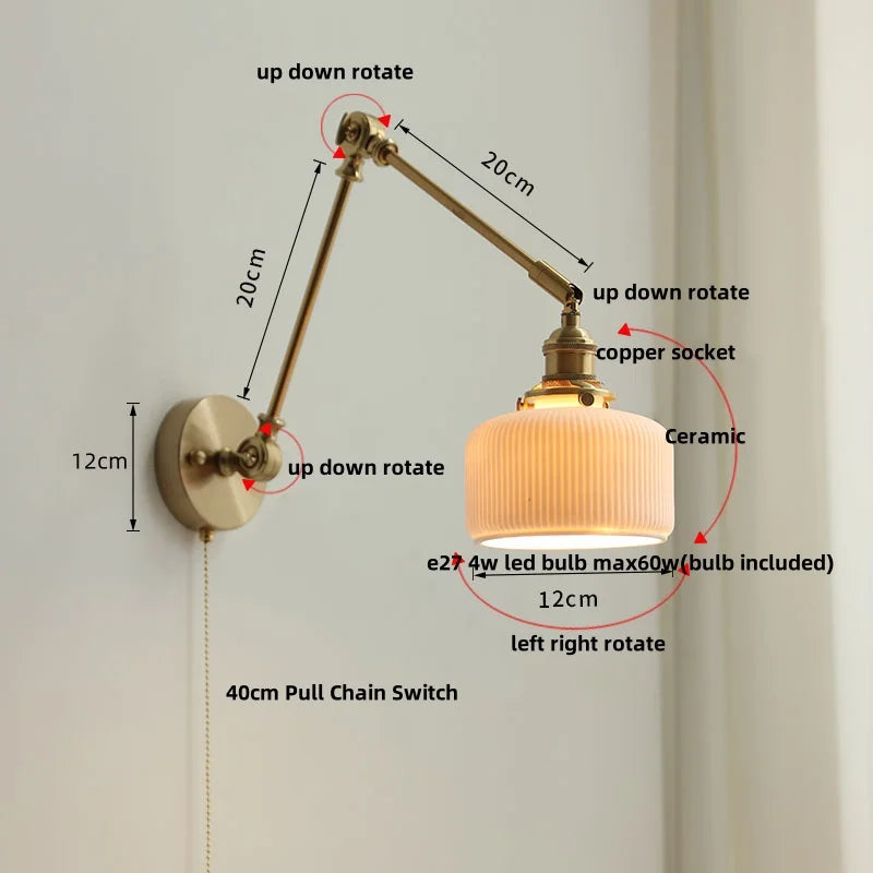 Afralia™ Ceramic Copper LED Wall Lights with Pull Chain Switch - Nordic Modern Bedside Lamp
