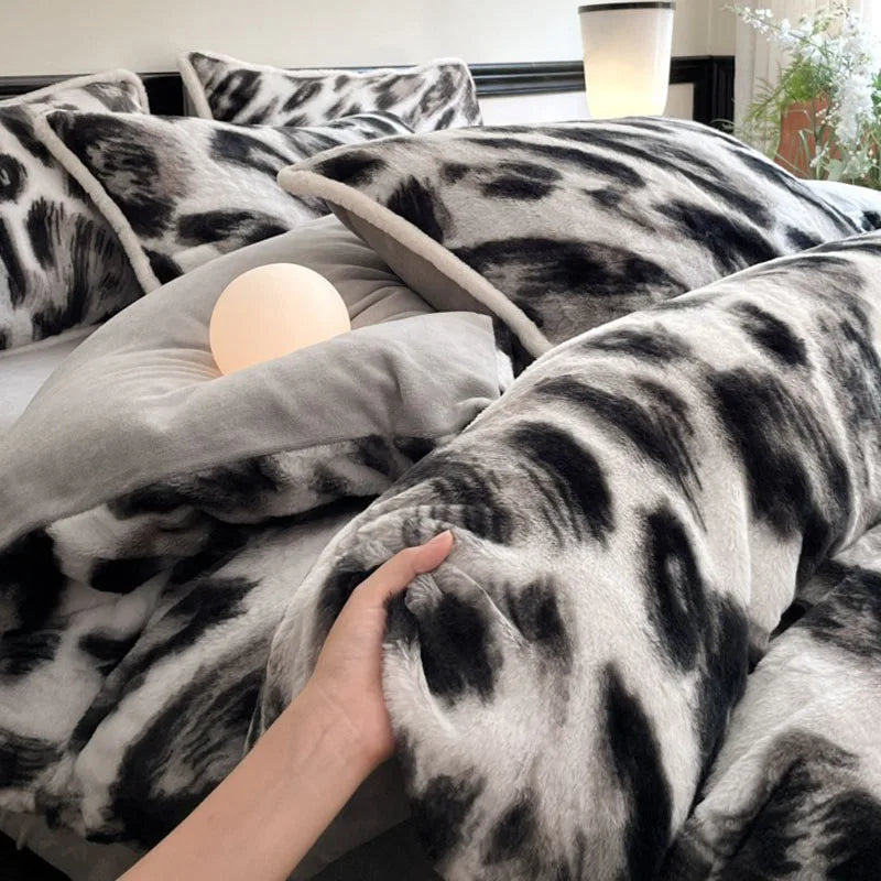 Afralia™ Winter Faux Rabbit Plush Stripe Bedding Set with Milk Velvet Duvet Cover