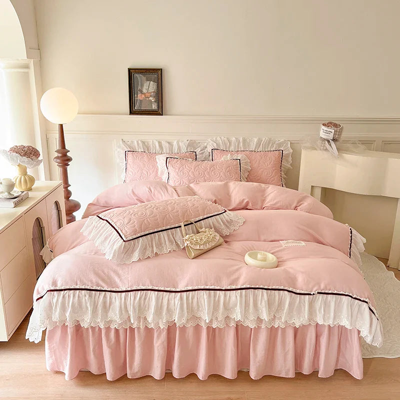 Afralia™ Lace Ruffles Bedding Set: 4pcs Solid Color Princess Quilt Cover, Bed Skirt, 100% Cotton Pillowcase