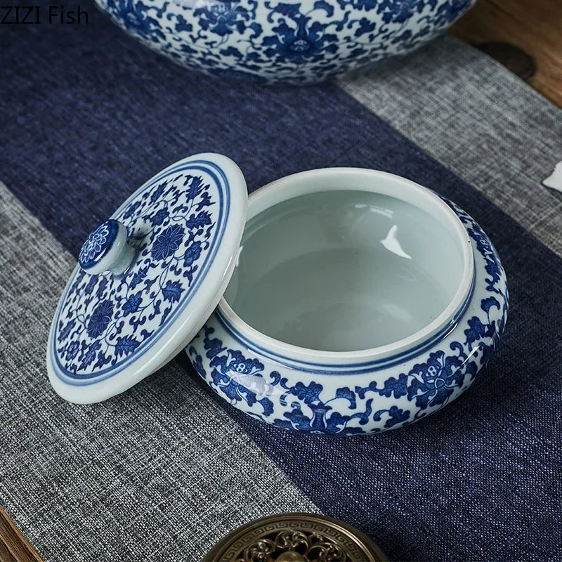 Afralia™ Blue Flower Ceramic Tea Caddy Jar - Living Room Decor or Home Ornament