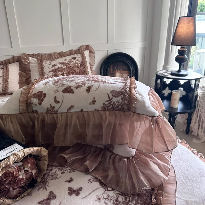 Afralia™ Butterfly Flowers Lace Velvet Bedding Set with Ruffles - Full Bed Linen Collection