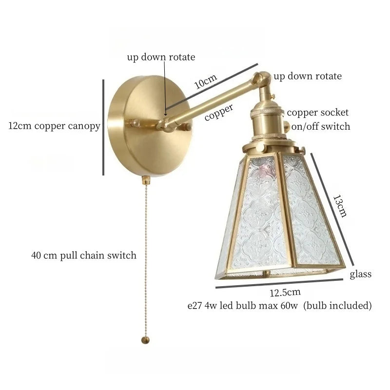 Afralia™ Hexagonal Glass LED Wall Lamp Vintage Copper Pull Chain Switch for Living Room