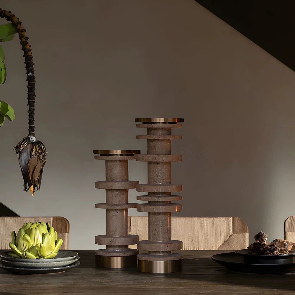 Afralia™ Beige Brown Travertine Marble Candle Holder with Metal Base