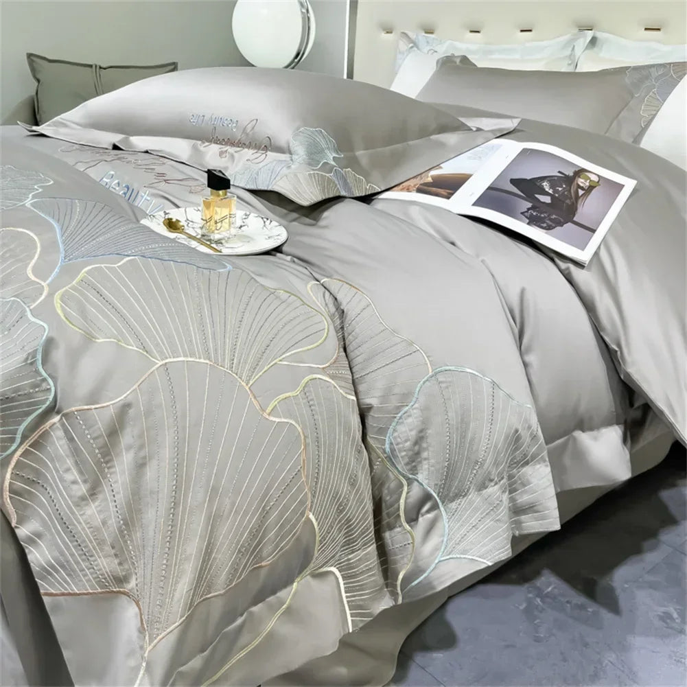 Afralia™ 1200TC Embroidery Egyptian Cotton Bedding Set 4pcs King Queen Solid Sheet Duvet Cover
