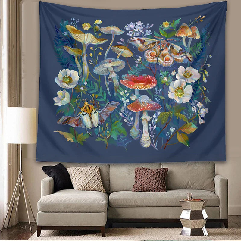 Afralia™ Mushroom Moth Garden Tapestry: Boho Psychedelic Wall Hanging for Botanical Bedroom Decor