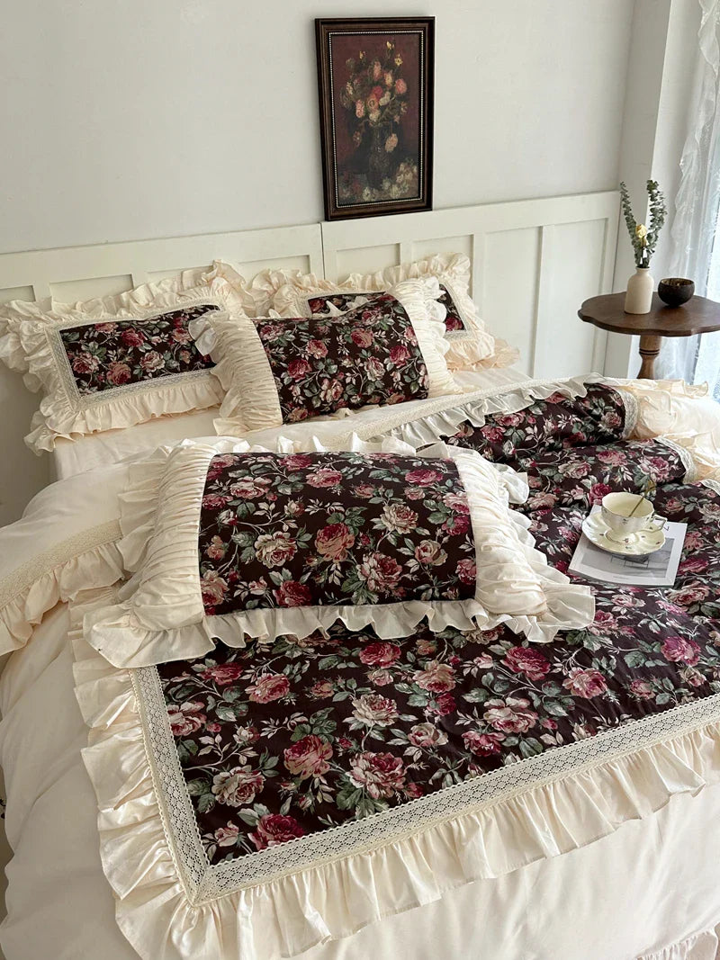 Afralia™ French Rose Flowers Pattern Bedding Set, 100% Cotton, Ruffles, Duvet Cover, Bed Skirt