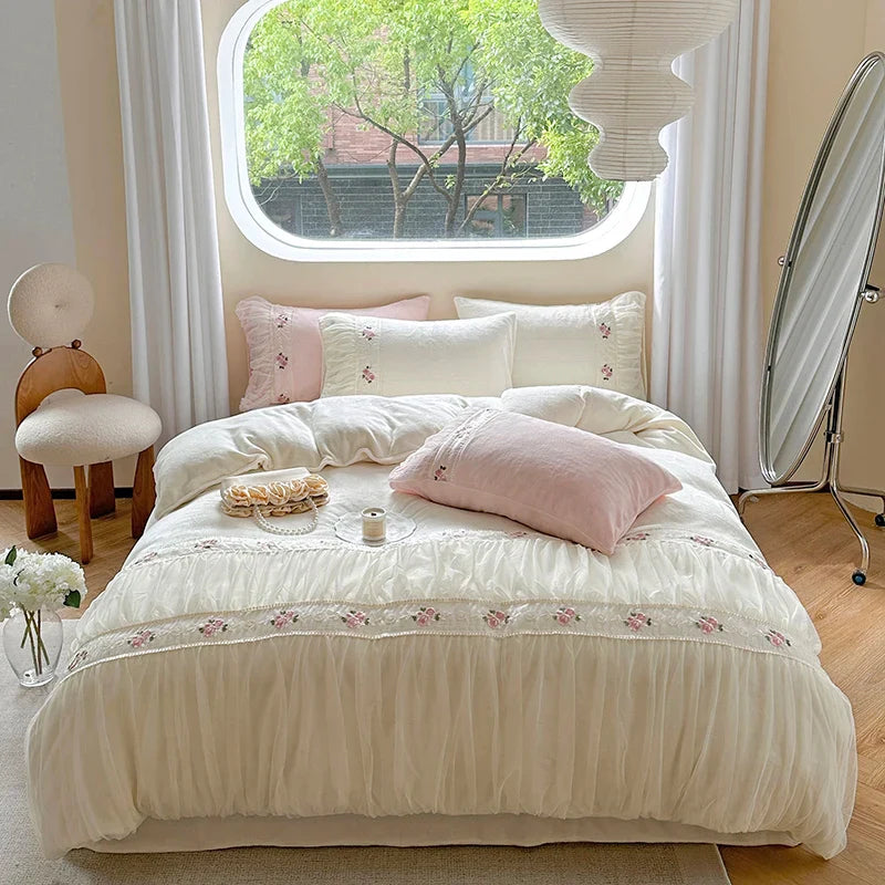 Afralia™ Pink Velvet Fleece Bedding Set with Flowers Embroidery & Lace Pleat