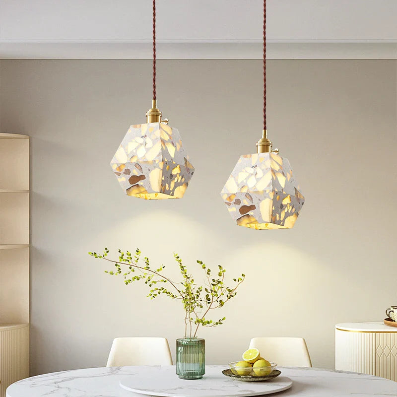 Afralia™ Terrazzo Stone LED Pendant Light with Copper Knob Switch