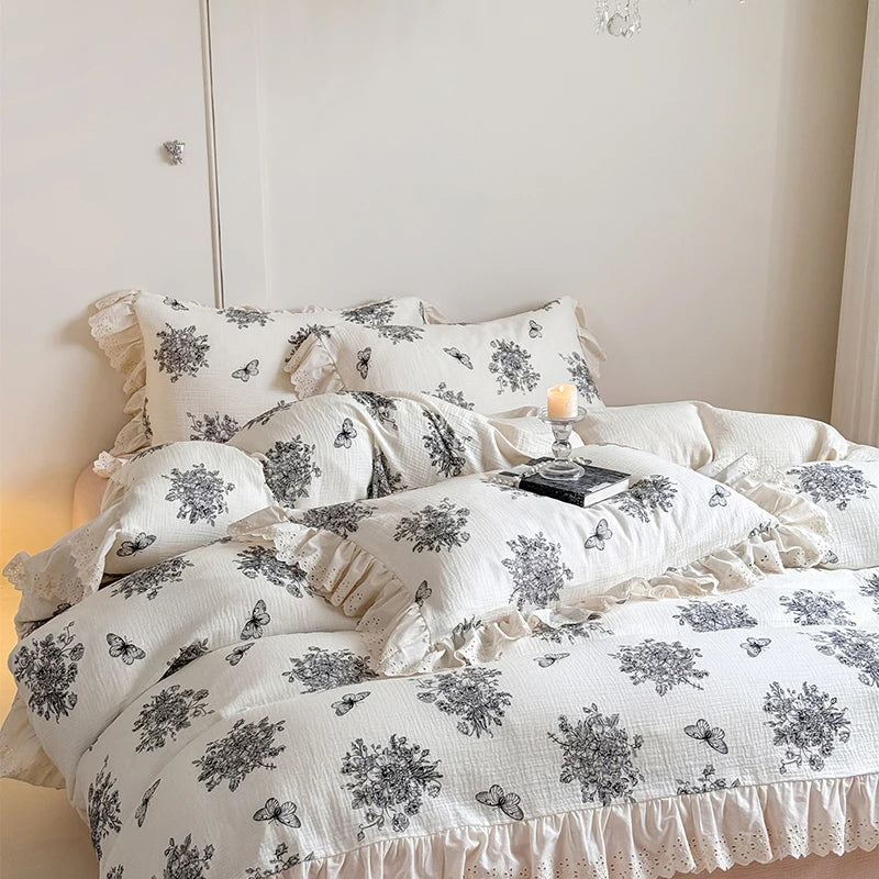 Afralia™ French Lace Floral Ruffles Bedding Set - 100% Cotton Wrinkled Yarn 4Pcs