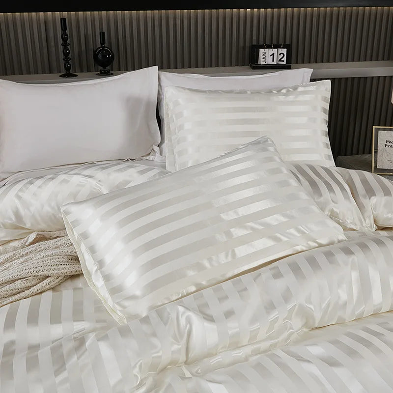 Afralia™ Satin Striped Silk Comforter Cover | High-End Queen King Bedding | Solid Color Luxe Duvet