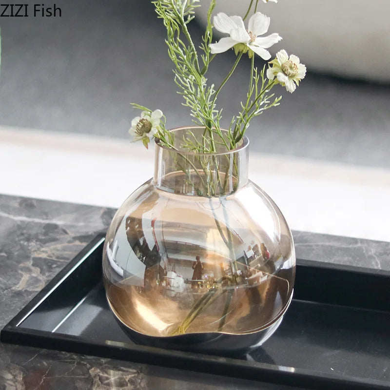 Afralia™ Amber Glass Vase Desk Decoration Round Floral Room Decor