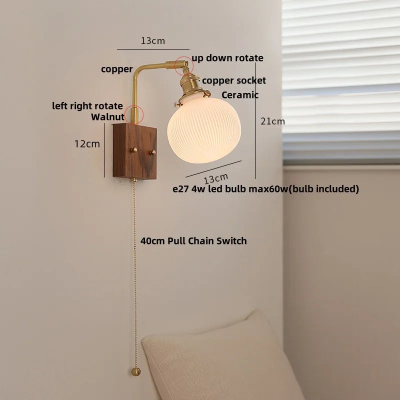 Afralia™ Nordic LED Wall Light with Pull Chain Switch, Rotatable Design in Walnut Copper & Ceramic
