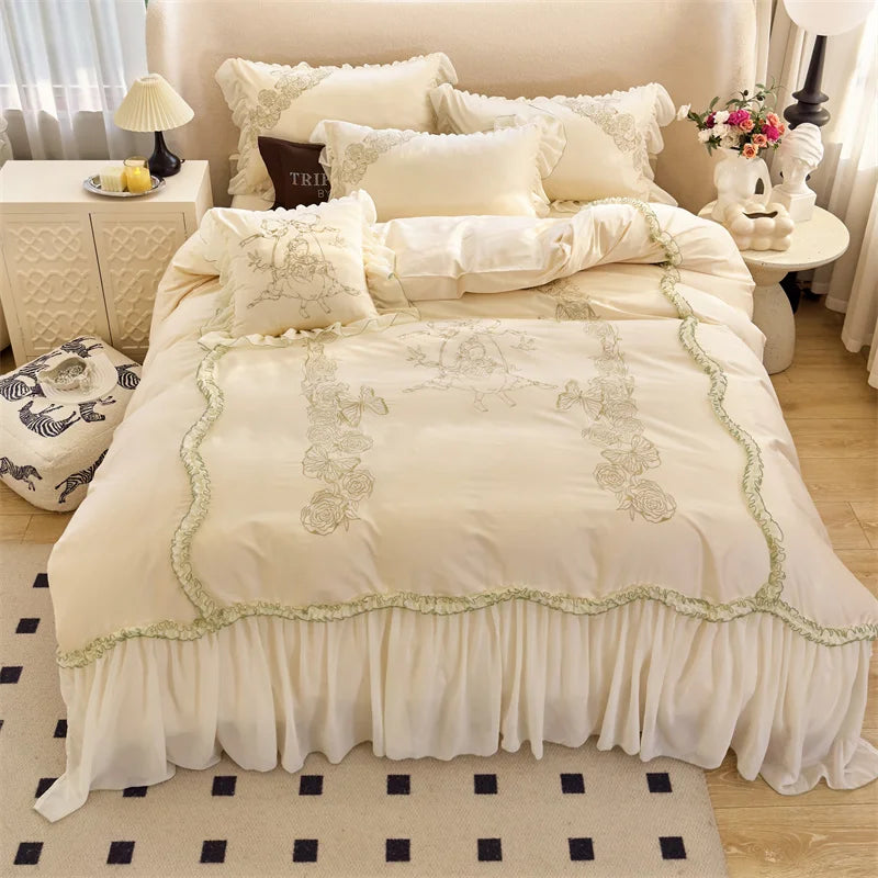 Afralia™ Vintage Rose Butterfly Lace Ruffles Princess Bedding Set: 100S Egyptian Cotton