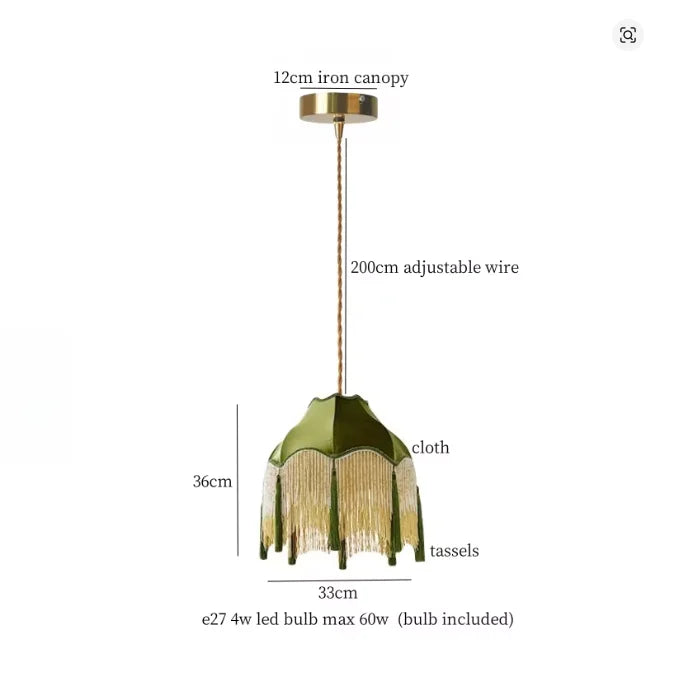 Afralia™ Green Tassel LED Pendant Light - American Vintage Hanging Lamp for Home and Café.