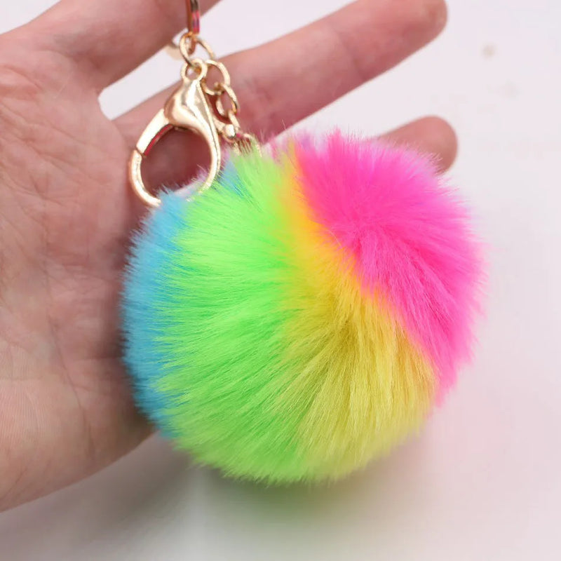 Afralia™ Rainbow Fluffy Ball Keychain Handbag Charm Bunny Pom Pom