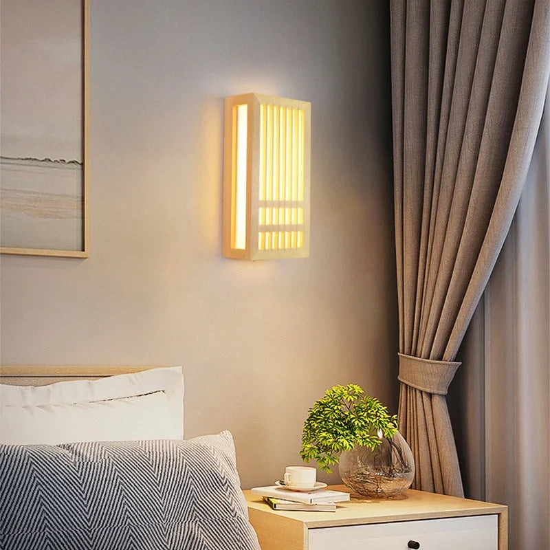 Afralia™ Solid Wood LED Wall Lamp: Japanese Style Acrylic Rectangular Light for Bedroom & Living Room