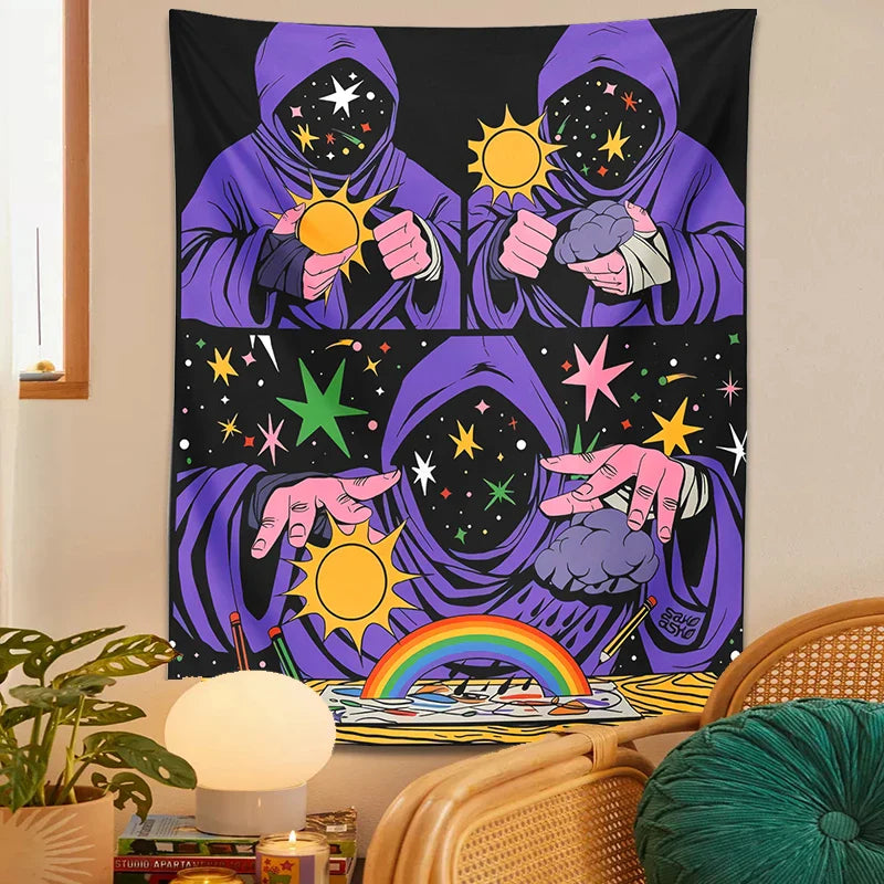 Afralia™ Mystical Sun Moon Star Sky Rainbow Tapestry Wall Hanging for Bohemian Home Decor