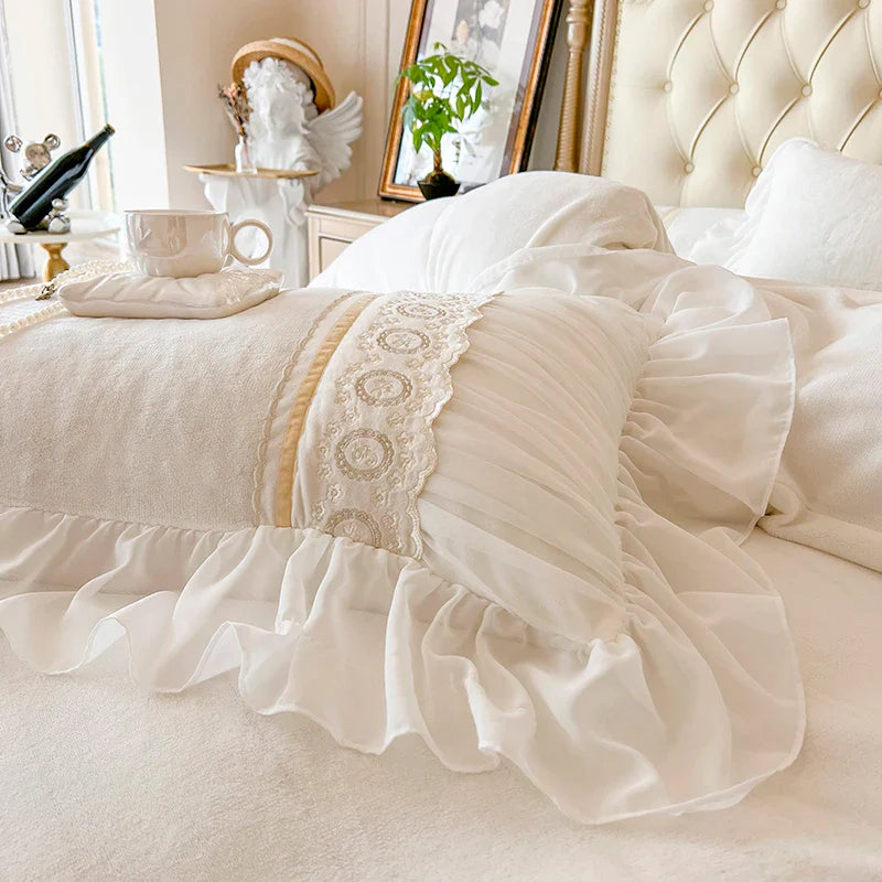 Afralia™ Velvet Fleece Princess Bedding Set with French Pleat Lace Ruffles, Plush & Warm