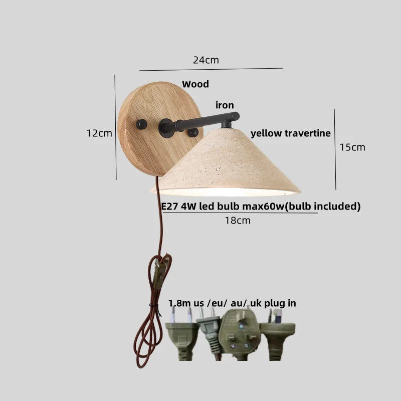 Afralia™ LED Yellow Travertine Wall Light with Wood Pull Chain Switch and Iron Frame