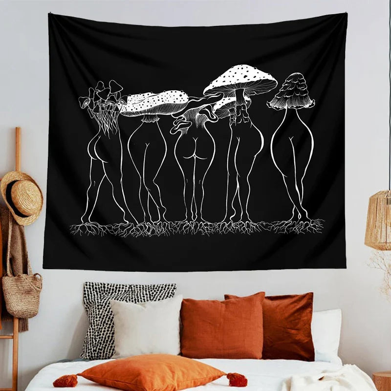 Afralia™ Mushroom Woman Tapestry Wall Hanging Black White Boho Decor Bedroom Aesthetic