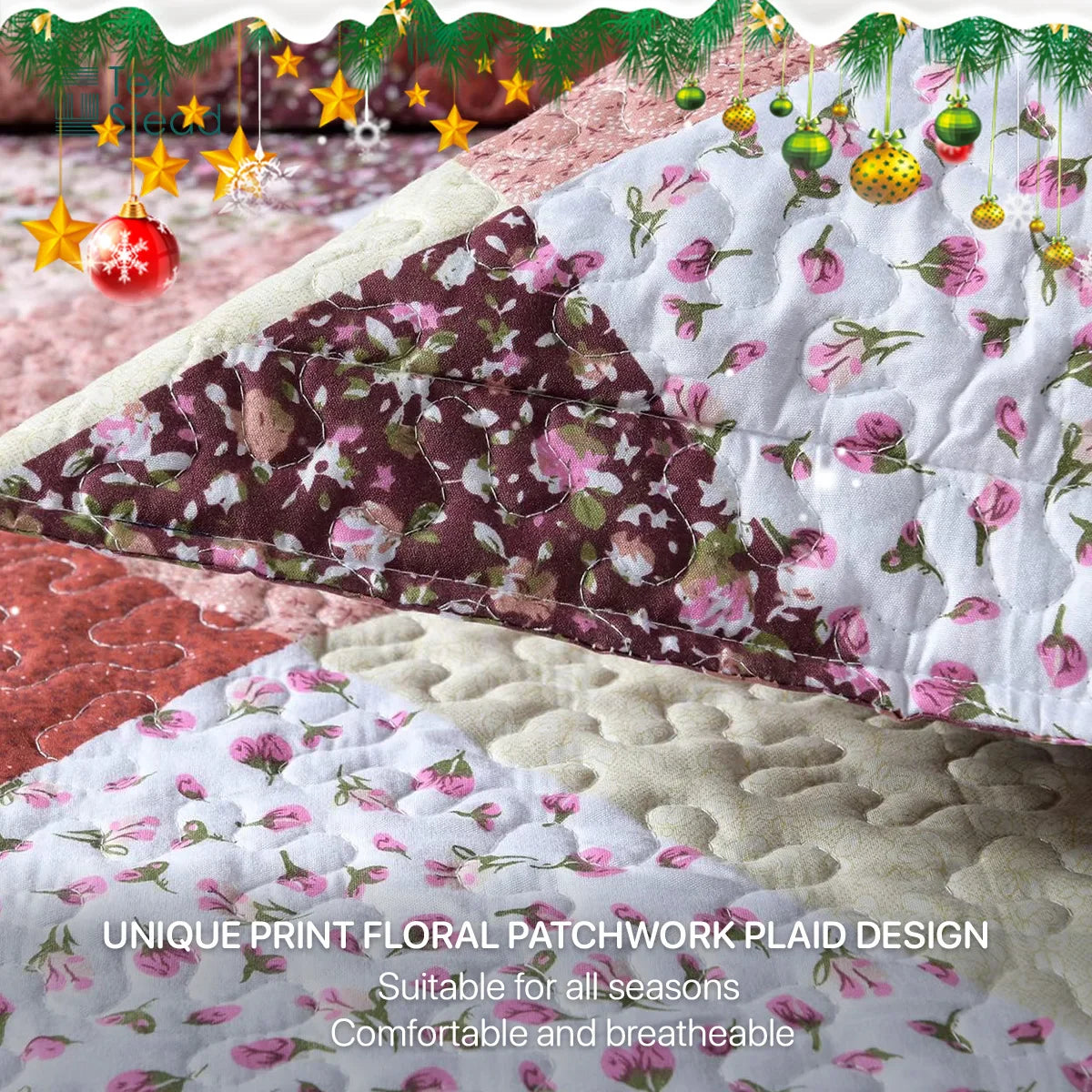 Afralia™ Multicolour Floral Patchwork Print Bedspread Set with Two Pillow Shams