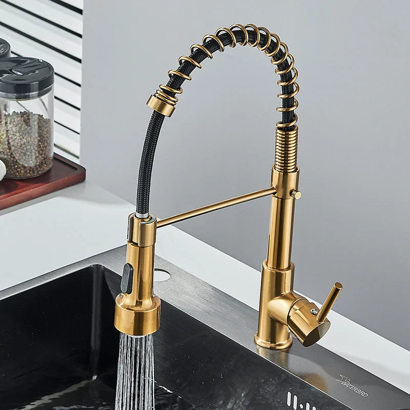 Afralia™ Brushed Gold LED Kitchen Faucet: Single Handle Pull-down Spring Sink Tap