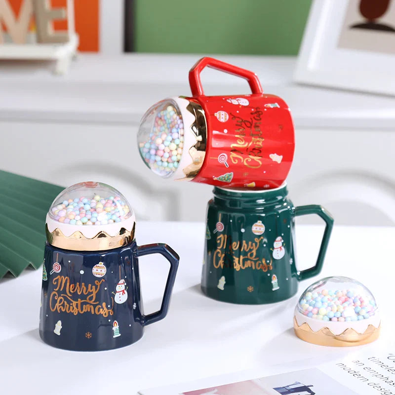 Afralia™ Christmas Planet Ceramic Mug with Lid, Spoon - Xmas Gift Cofee Cup