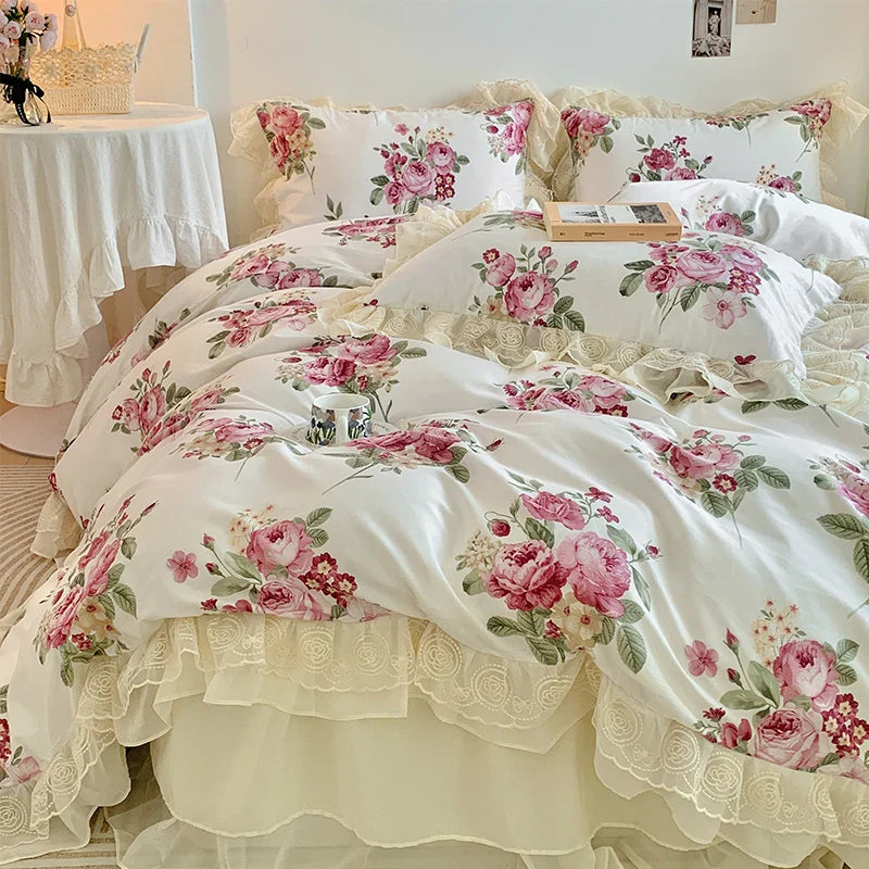 Afralia™ Vintage Rose Floral Double Layer Lace Ruffles 100% Cotton Bedding Set
