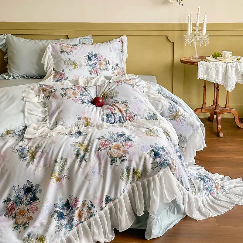 Afralia™ French Flowers Lace Ruffles Princess Bedding Set with 1000TC Egyptian Cotton