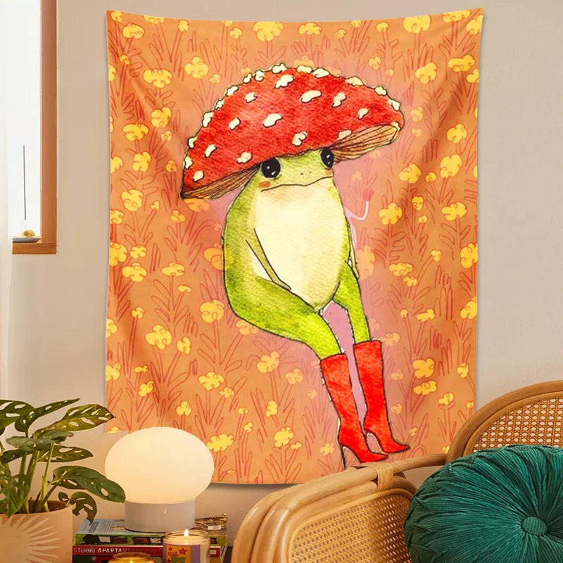 Afralia™ Cute Frog Cartoon Tapestry Wall Hanging - Forest Animals Hippie Boho Decor