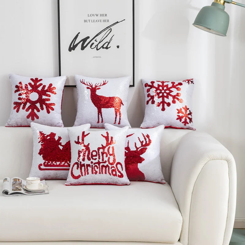 Afralia™ Red Golden Sequins Christmas Cushion Cover 40x40cm: Festive Xmas Home Decor Pillowcase