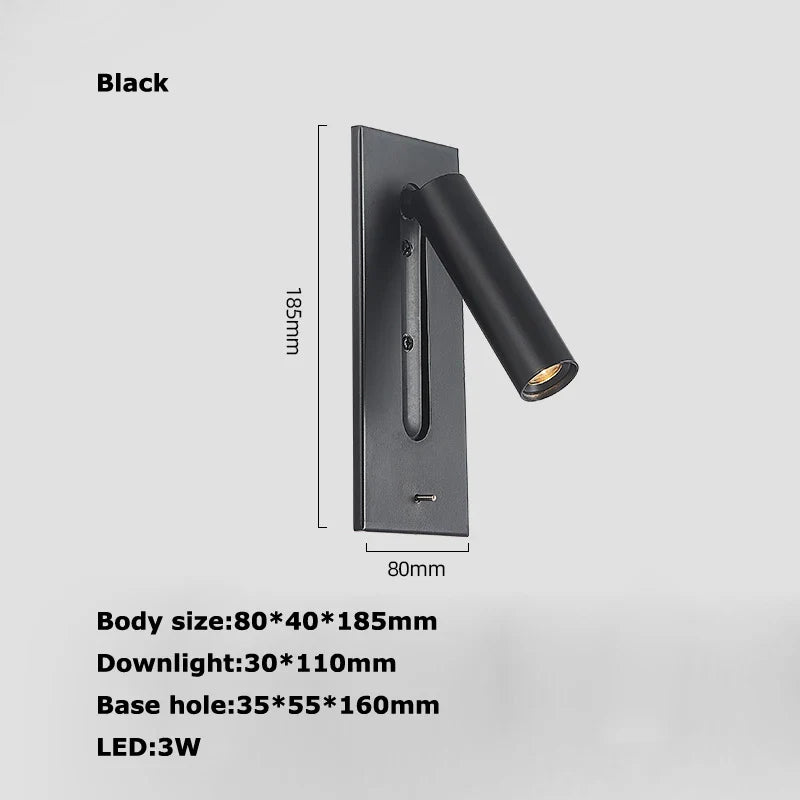 Afralia™ LED Wall Lamp with Switch, USB Port, Rotatable - Bedroom Reading Light