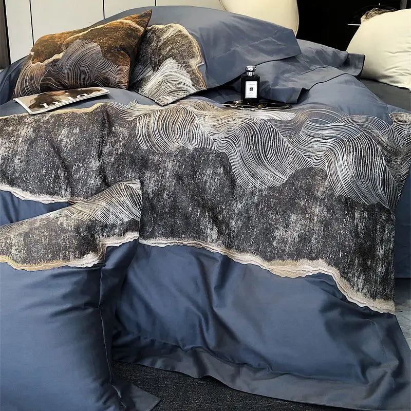 Afralia™ Luxury Egyptian Cotton Bedding Set in Blue/Grey, 1200TC, Embroidered Modern Art