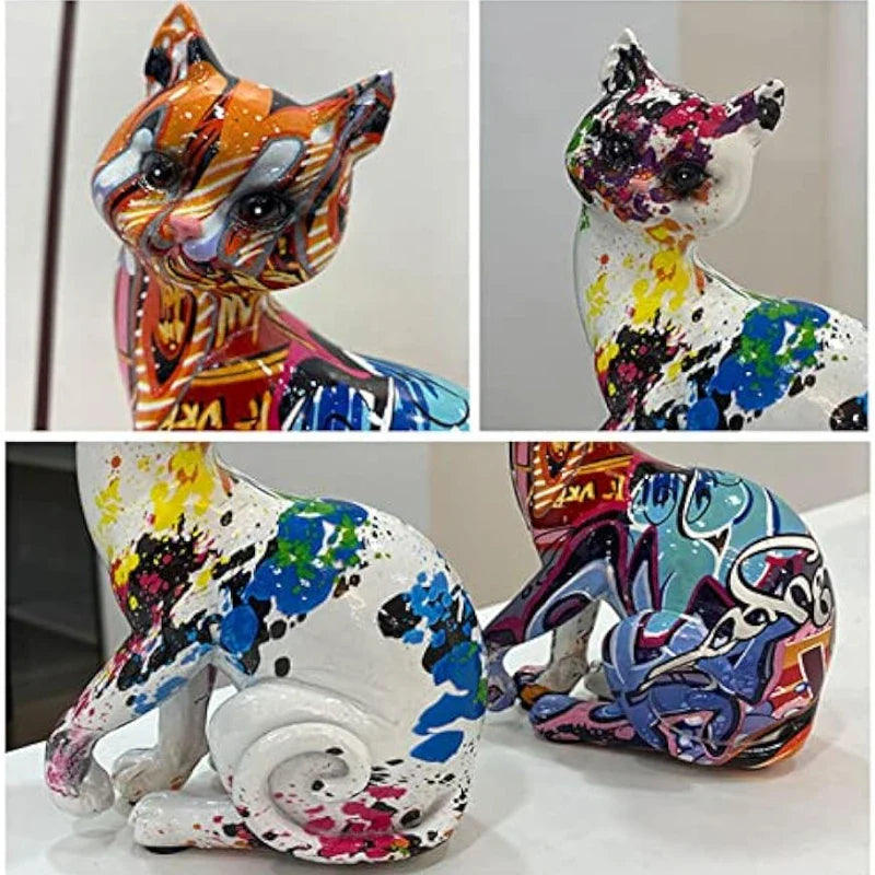 Afralia™ Multicolor Cat Statue, Splash Color Kitten Sculpture for Home & Office Decoration