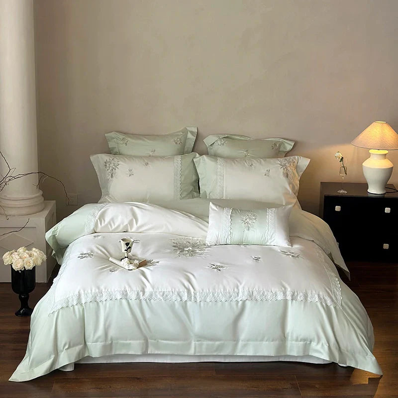 Afralia™ Flowers Embroidery Lace Princess Bedding Set 1000TC Egyptian Cotton Duvet Cover Set