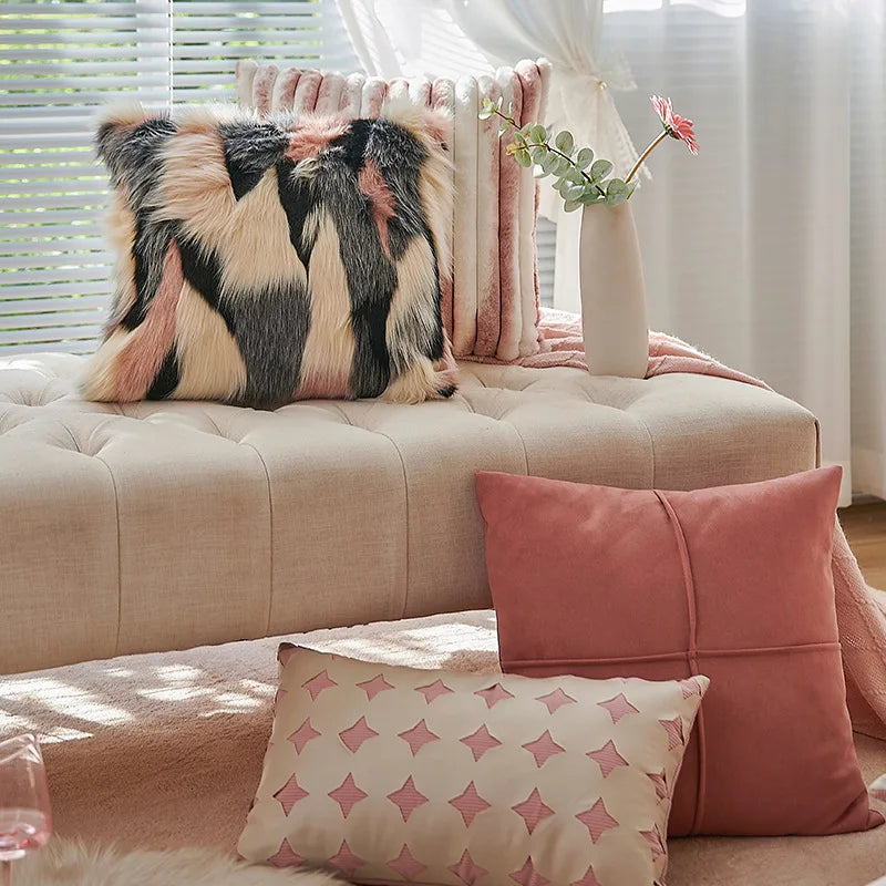 Afralia™ Pink Plush Patchwork Cushion Cover - Nordic Simplicity Light Luxury Sofa Pillowcases